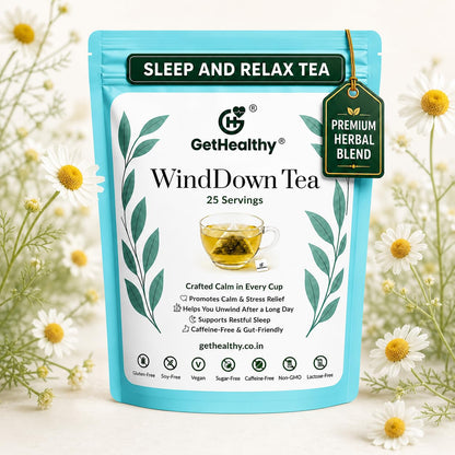 GetHealthy WindDown Tea package with flowers in the background
