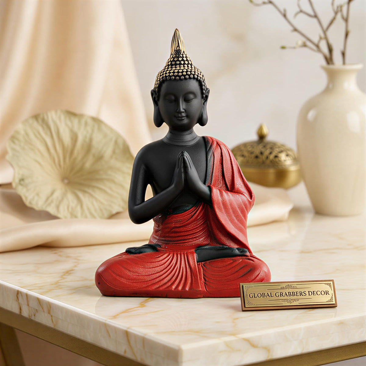 New Namaste Praying Buddha Statue showpiece Idol Home Decor Items for Living Room and Gifts (RED Black)