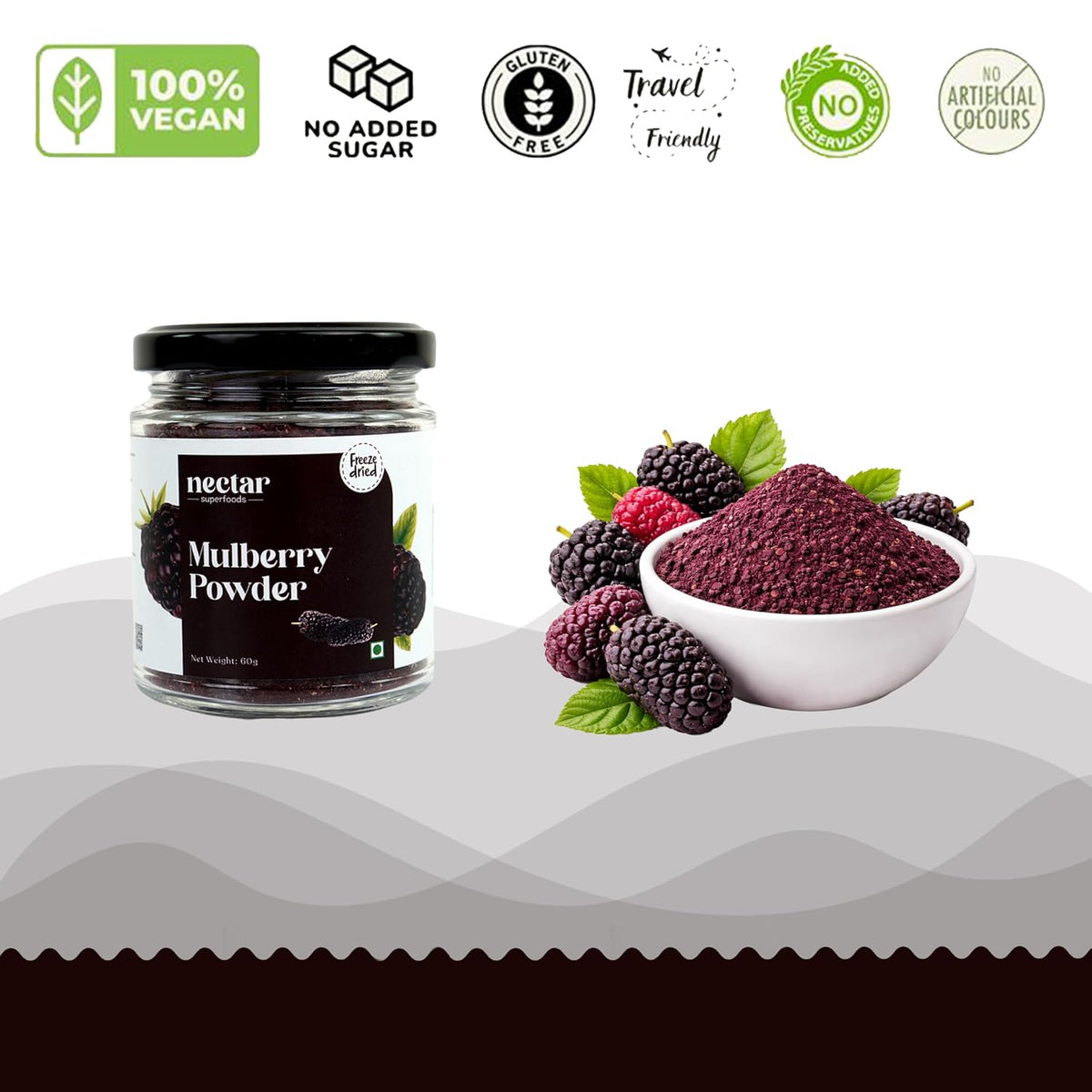 Nectar Superfoods Freeze Dried Mulberry Powder- 60 grams Jar-Pack of 1 Nos 100% Natural | No Added Sugar, Preservative-Free & Vegan | Processed in India