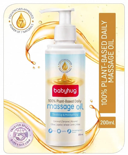 BABYHUG 100% Plant-Based Daily Baby Massage Oil|7 Oils Formula for Skin & Muscle Health 200 ML (Pack Of 1)