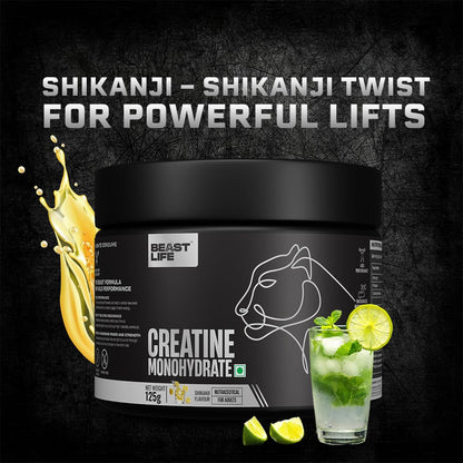 BeastLife Micronised Creatine Monohydrate with Free Shaker | 125g | 33 Servings | Shikanji | NABL Lab Tested | Rapid Absorption for Muscle Strength & Athletic Performance | Super Micronised Creatine Powder