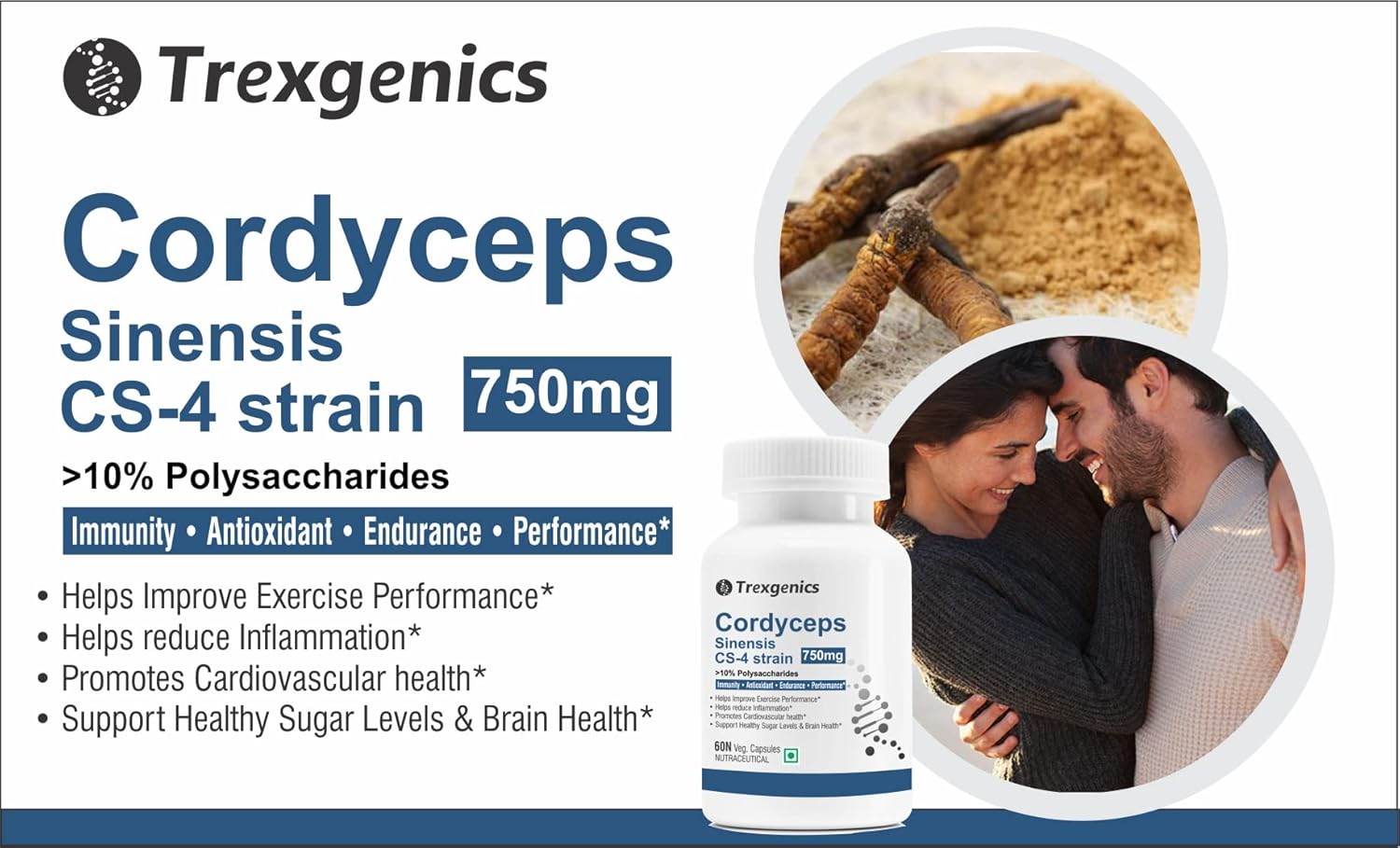 Trexgenics Cordyceps Sinensis CS-4 strain supplement bottle with packaging details and images of a couple.