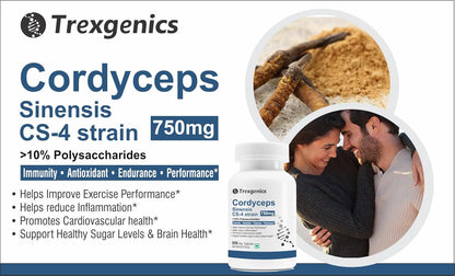 Trexgenics Cordyceps Sinensis CS-4 strain supplement bottle with packaging details and images of a couple.