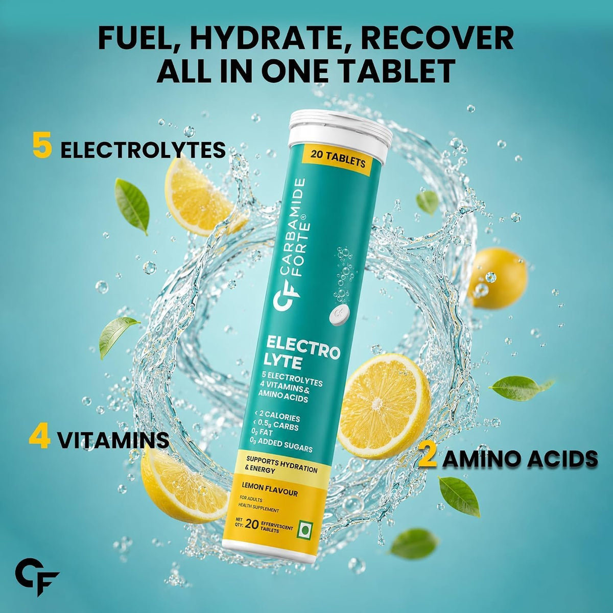 Carbamide Forte Electrolyte Supplement with Zero Added Sugar | Electrolyte Hydration Tablets for Sustained Energy with 5 Essential Electrolytes No Sugar, Low Calorie Hydration | Lemon Flavour | 20 Effervescent Tablets