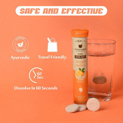 UPAKARMA Shilajit Orange Flavour Effervescent - 20 Tablets | Helps to Boost Strength & Stamina | Travel Friendly & Lab Tested | Dissolve in 60 Sec, Pack of 1