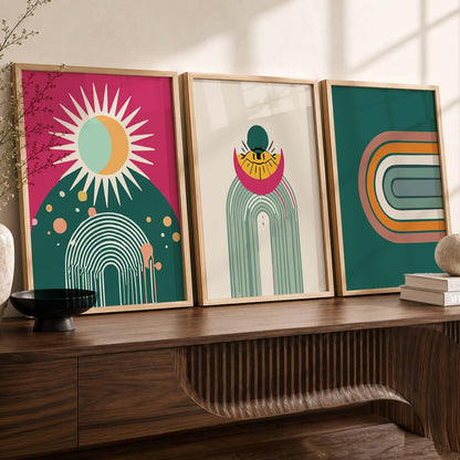 Boho Painting Wall Art Home Decoration Paintings With Frame For Living Room Bed Room Hotel Wall Decor Digital Reprint Set of 3 (13X17 inch)