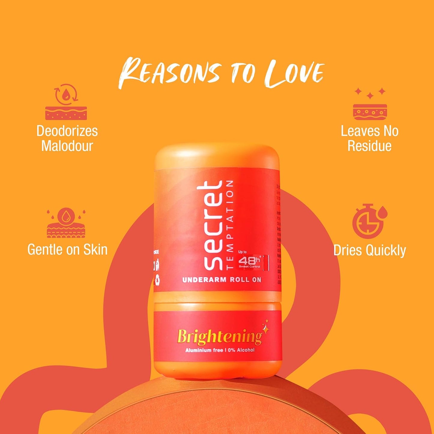 Secret Temptation underarm roll-on with brightening properties on an orange background