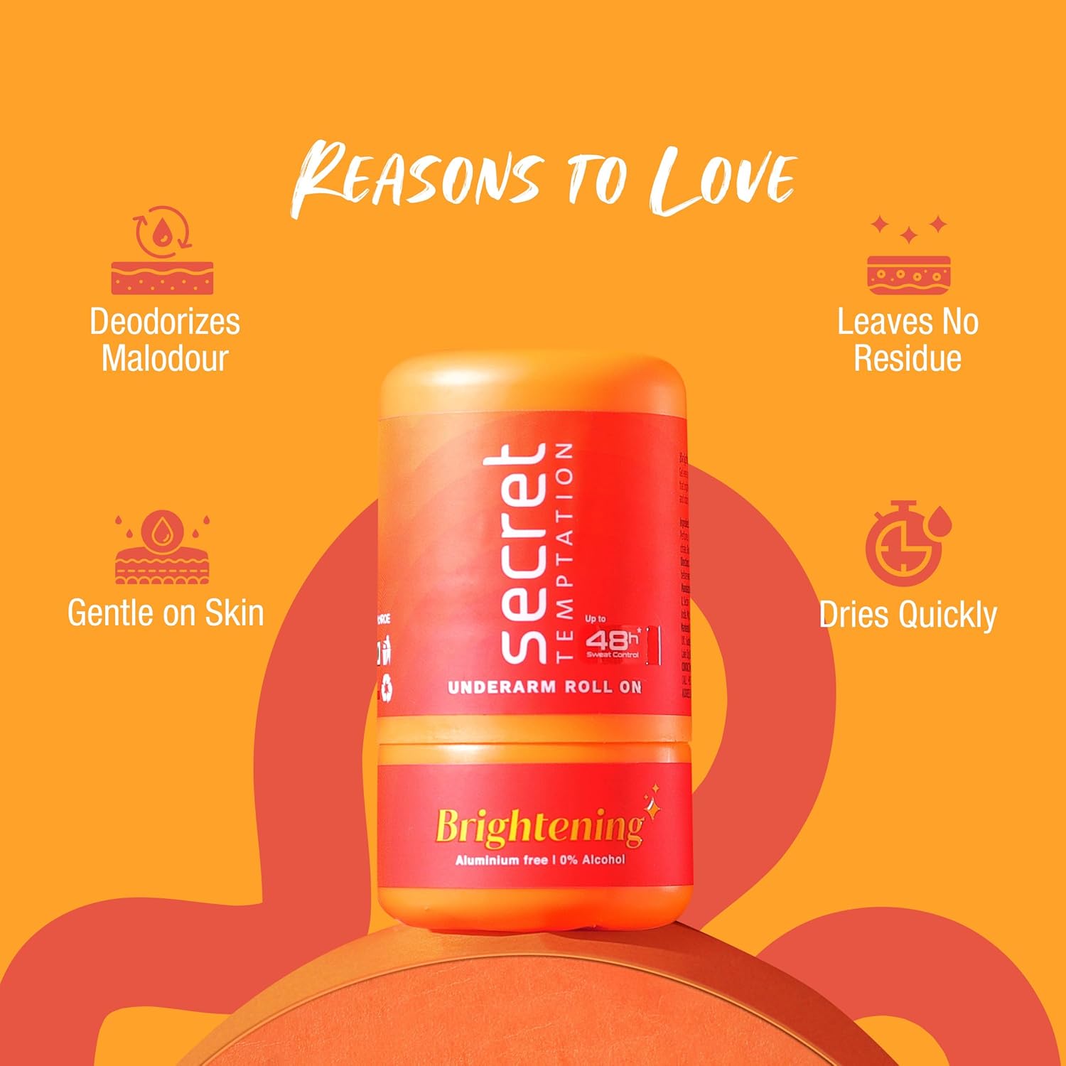 Secret Temptation underarm roll-on with brightening properties on an orange background