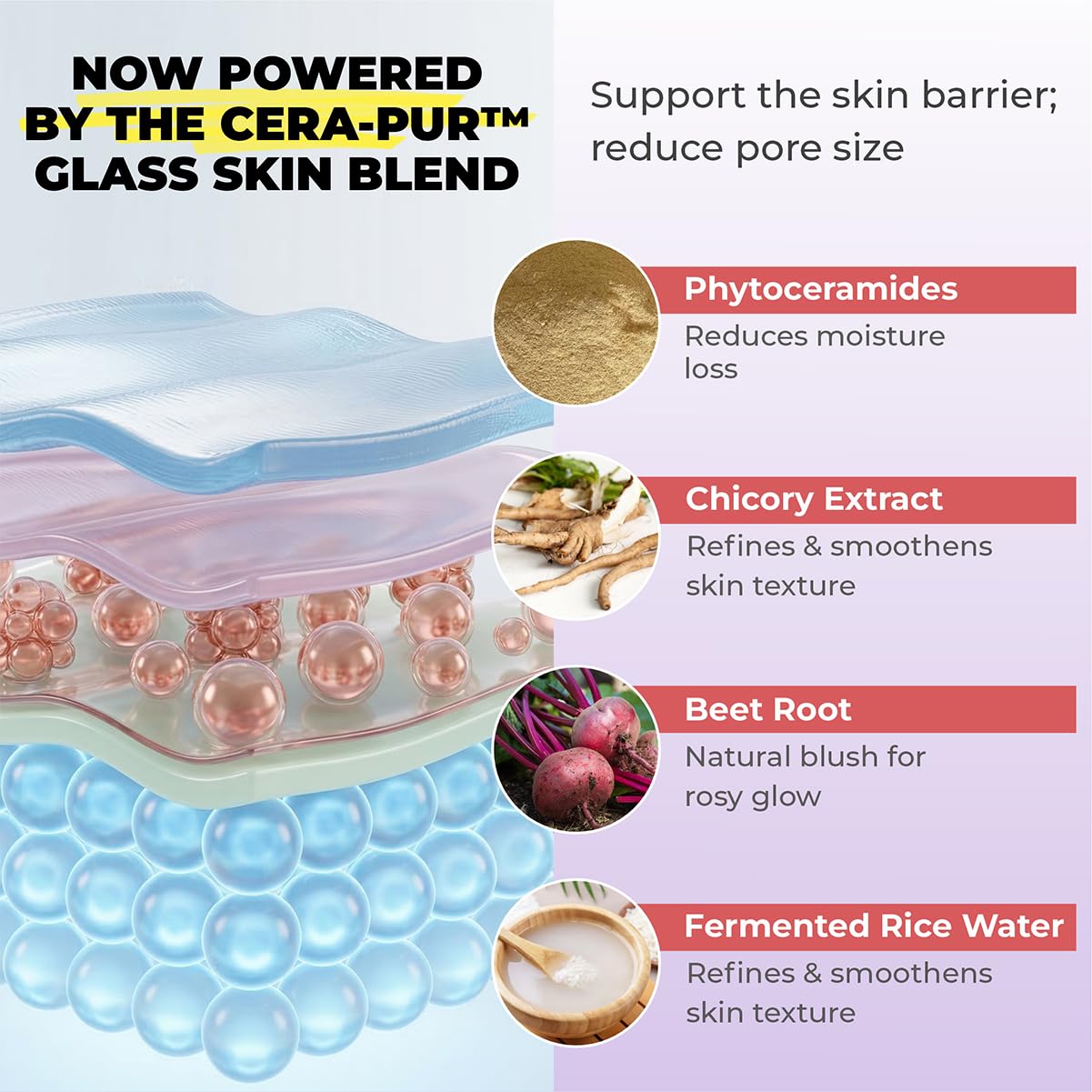 Product packaging with text about Cera-Purém glass skin blend and its benefits.