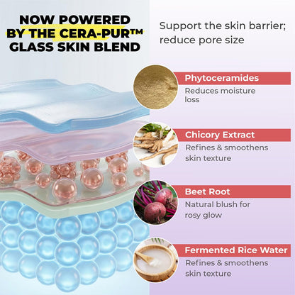 Product packaging with text about Cera-Purém glass skin blend and its benefits.