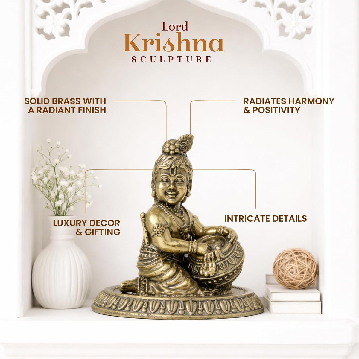 Laddu Gopal Ji Brass Idol | Makhan Chor Krishna Sculpture with Intricate Detailing | Bal Krishna Idol for Home Temple (Design01: L5 x W7.5 x H7 cm)