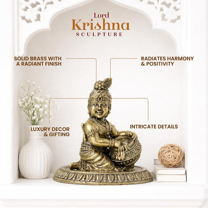 Laddu Gopal Ji Brass Idol | Makhan Chor Krishna Sculpture with Intricate Detailing | Bal Krishna Idol for Home Temple (Design01: L5 x W7.5 x H7 cm)