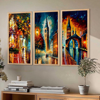 City View Decorative Modern Wall Art Print With Frame Abstract Paintings For Living Room Bed Room Hotel Wall Decor Digital Reprint Engineered Wood Set of 3 (Art 5, 10x19 inch)