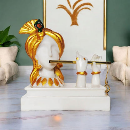 Decorative Krishna Idol Playing Flute Figurine, White and Gold Resin,Showpiece for Home Decor Living Room House Warming Gift Krishna Statue for Good Luck Wealth properity19x11x19 cm