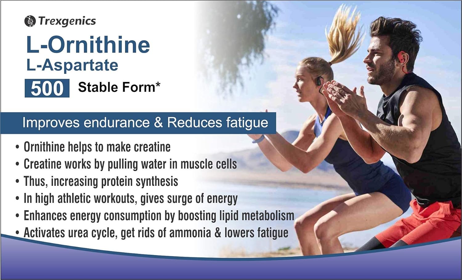 Advertisement for Trexigenics L-Ornithine L-Aspartate 500 Stable Form supplement with two people exercising outdoors.
