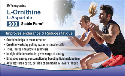 Advertisement for Trexigenics L-Ornithine L-Aspartate 500 Stable Form supplement with two people exercising outdoors.