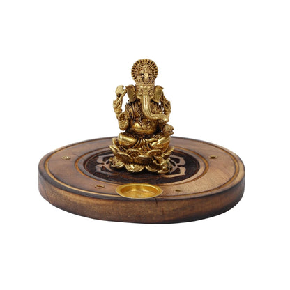 Brass Ganesha Idol on Wooden Base for Home Temple & Desk | Lord Ganesh Murti | Ganpati Idol for Spiritual Home Decor (Design01: L10 x W10 x H6 cm)