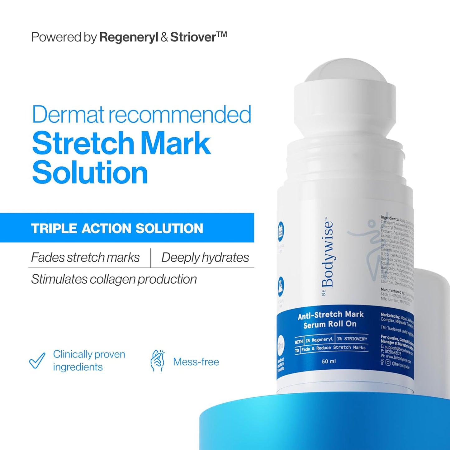 Be Bodywise Anti Stretch Mark Roll-On Serum 50 ml | With Regeneryl, STRIOVER™ & Bakuchiol Oil | Fades & Reduces Stretch Marks, Hydrates & Stimulates Collagen Production | Non-sticky & Non-messy