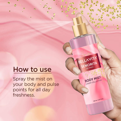 Bella Vita Luxury Senorita Women Body Spray Mist Perfume for Refreshing Floral & pomegranate Long Lasting Fragrance with Mint, 150 Ml