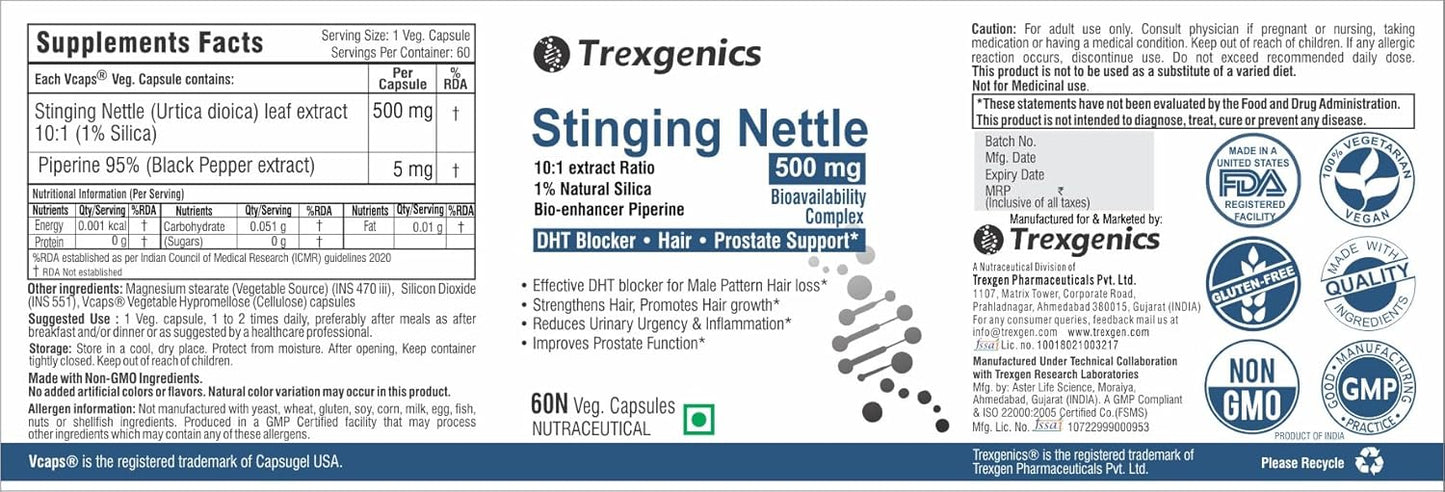 Trexegenics Stinging Nettle supplement label with branding and certification logos.