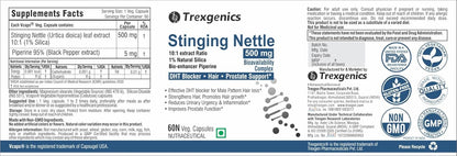 Trexegenics Stinging Nettle supplement label with branding and certification logos.