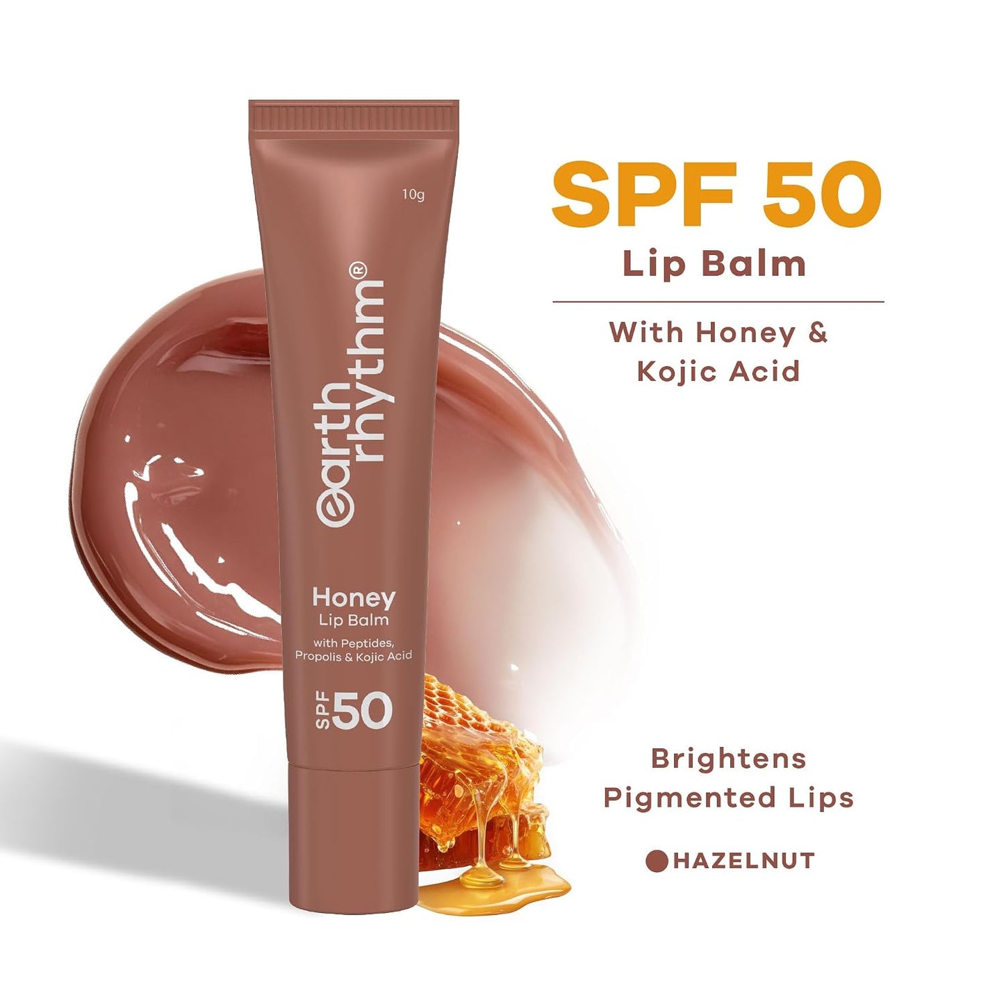 Earth Rhythm Honey Lip Balm SPF 50 Brightens Lips with Propolis, Peptides & Kojic Acid - Hazelnut