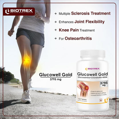 Biotrex Nutraceuticals Glucosamine+ Chondroitin + MSM 3795mg Glucowell GOLD - 120 Tablets, Cartilage & Joint Support Supplement, Glucosamine Chondroitin MSM for Joint Relieves Pain and Stiffness