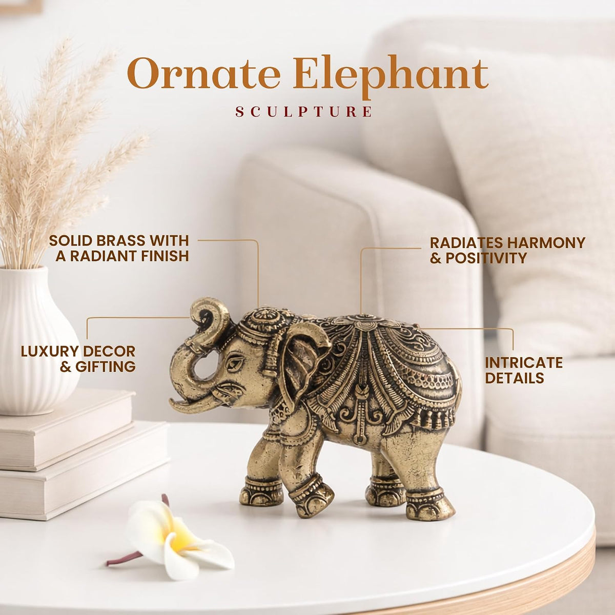 Brass Elephant Statue | Elephant Showpiece for Home & Office | Handmade Brass Figurine for Living Room, Desk Decor (Design01: L4 x W2 x H2 cm)