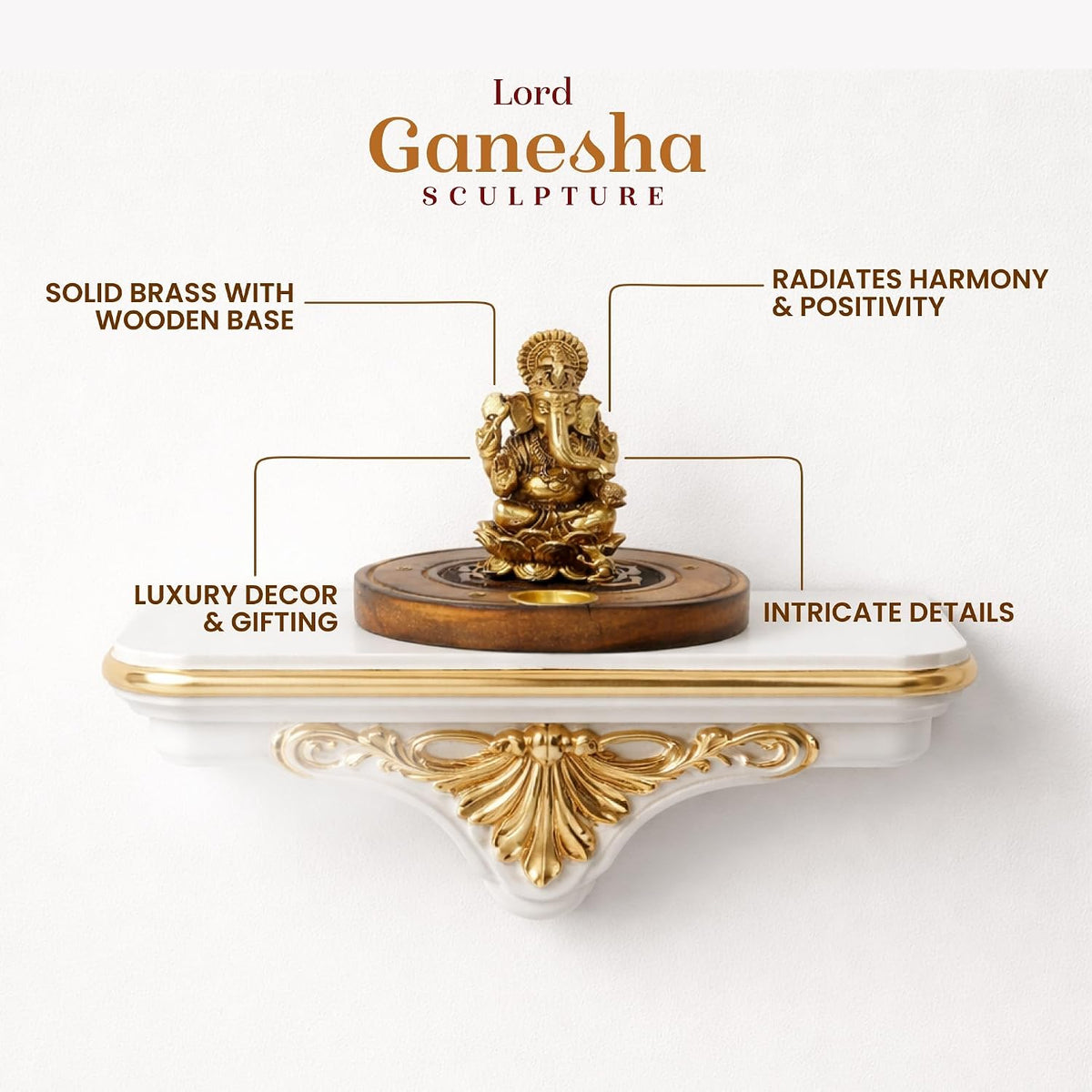 Brass Ganesha Idol on Wooden Base for Home Temple & Desk | Lord Ganesh Murti | Ganpati Idol for Spiritual Home Decor (Design01: L10 x W10 x H6 cm)