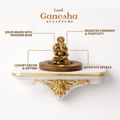 Brass Ganesha Idol on Wooden Base for Home Temple & Desk | Lord Ganesh Murti | Ganpati Idol for Spiritual Home Decor (Design01: L10 x W10 x H6 cm)