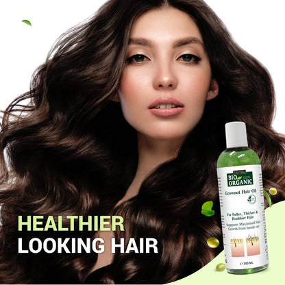 Woman with healthy-looking hair next to a bottle of Bio Organic Growtum Hair Oil on a white background.