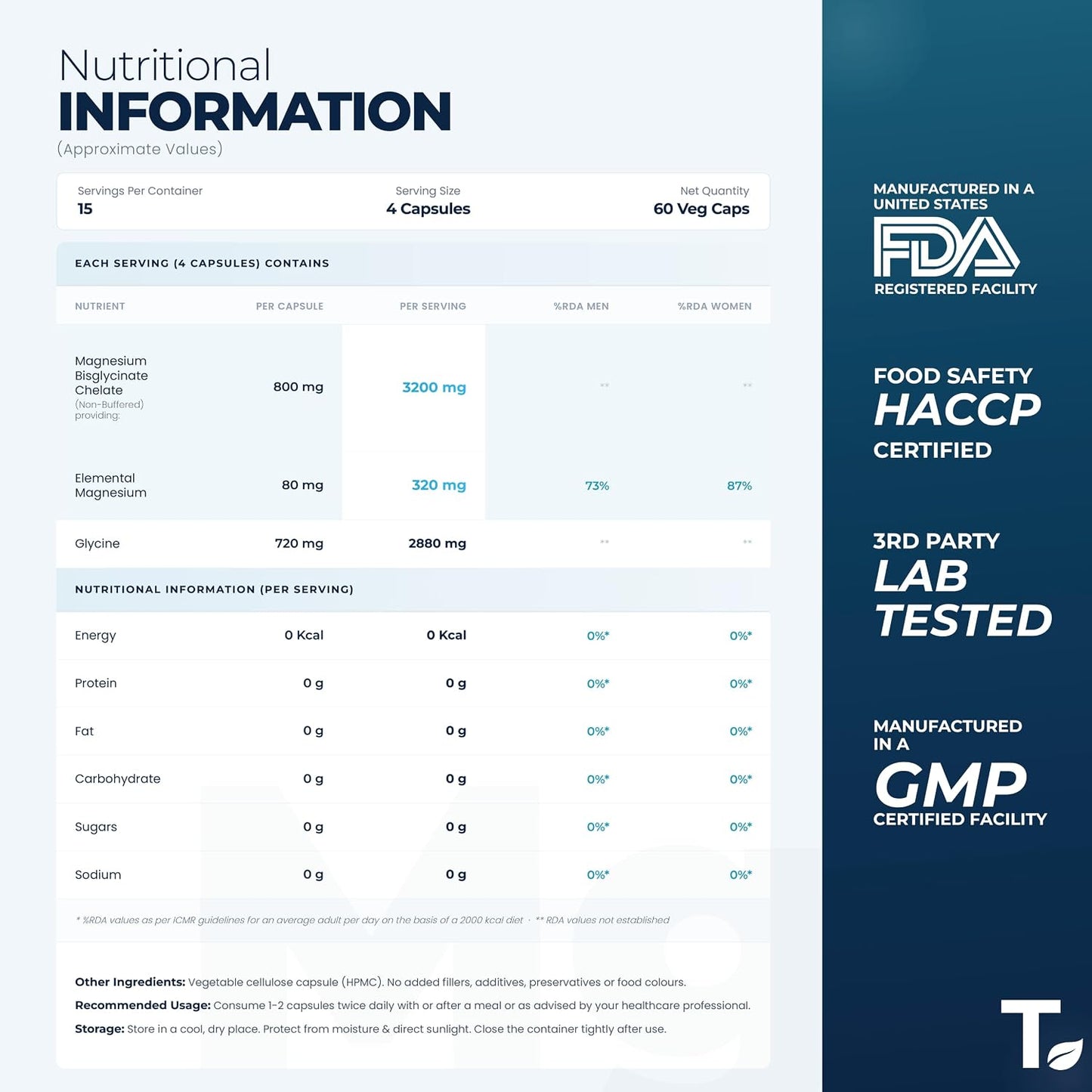 Tealed Magnesium Bisglycinate 3200mg | Non-Buffered | Chelated | Lab-Tested | Eurofins | 320mg Elemental Magnesium | No Fillers & Preservatives | Supports Muscle Relaxation & Sleep Quality | 60 Veg Caps