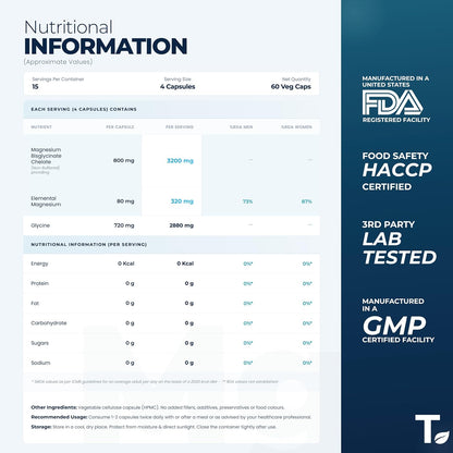 Tealed Magnesium Bisglycinate 3200mg | Non-Buffered | Chelated | Lab-Tested | Eurofins | 320mg Elemental Magnesium | No Fillers & Preservatives | Supports Muscle Relaxation & Sleep Quality | 60 Veg Caps