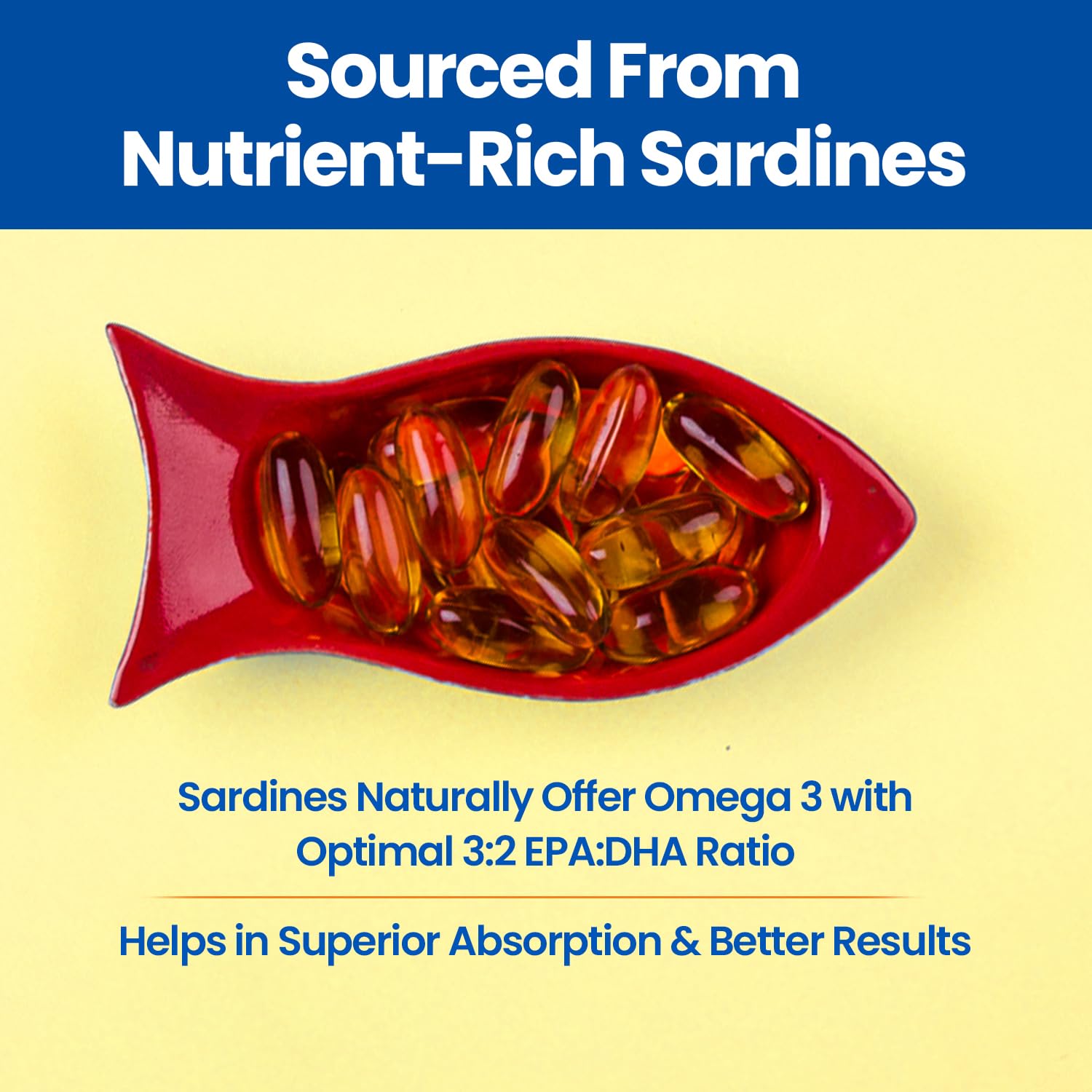 Red fish-shaped bowl filled with orange capsules on a yellow background with text about nutrient-rich sardines and omega 3.