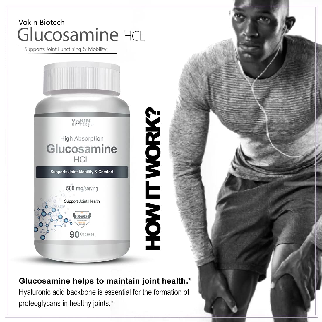 Vokin Biotech Glucosamine HCL supplement bottle with a man exercising in the background