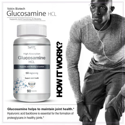 Vokin Biotech Glucosamine HCL supplement bottle with a man exercising in the background