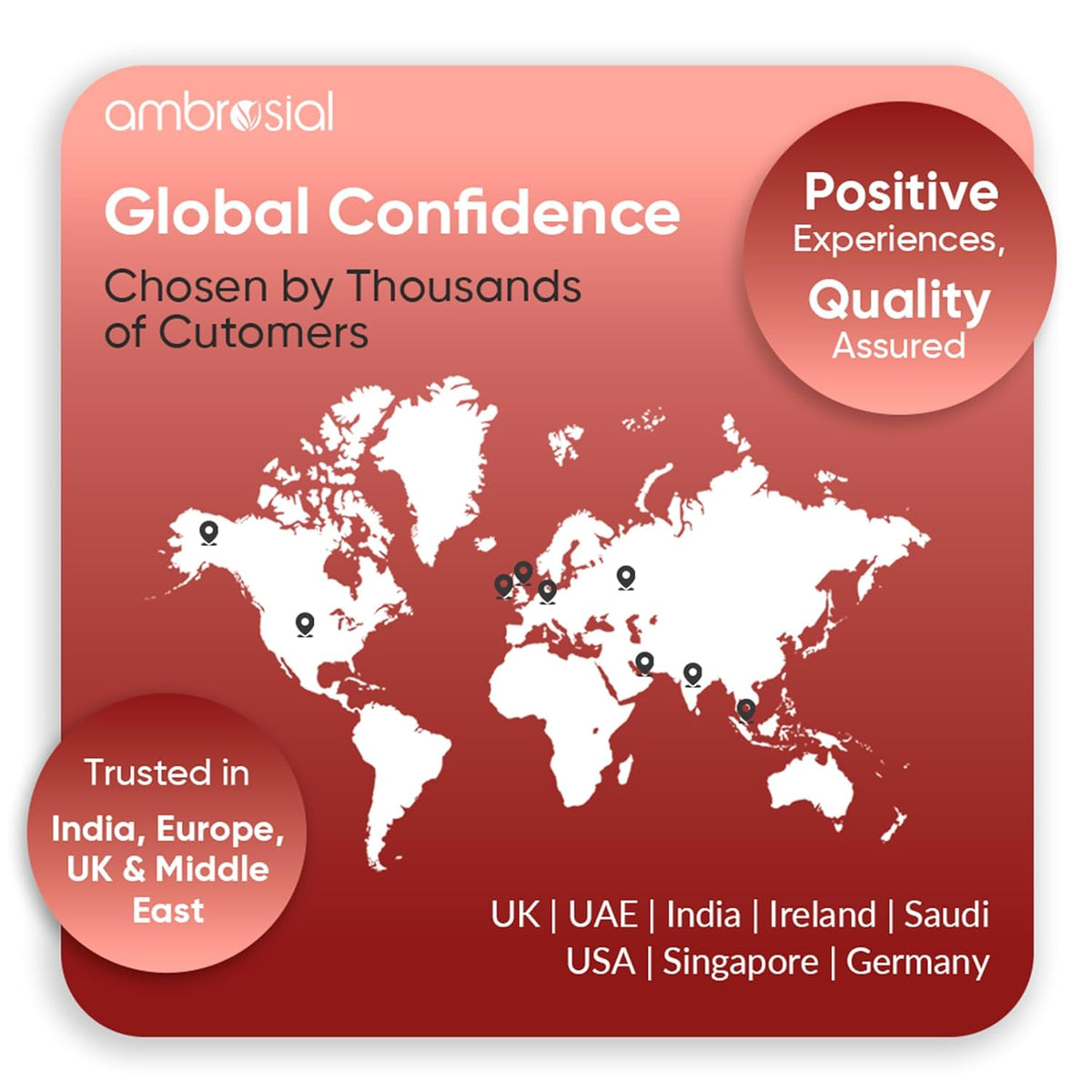 World map on a red background with Ambrosial branding and text about global confidence and customer trust.