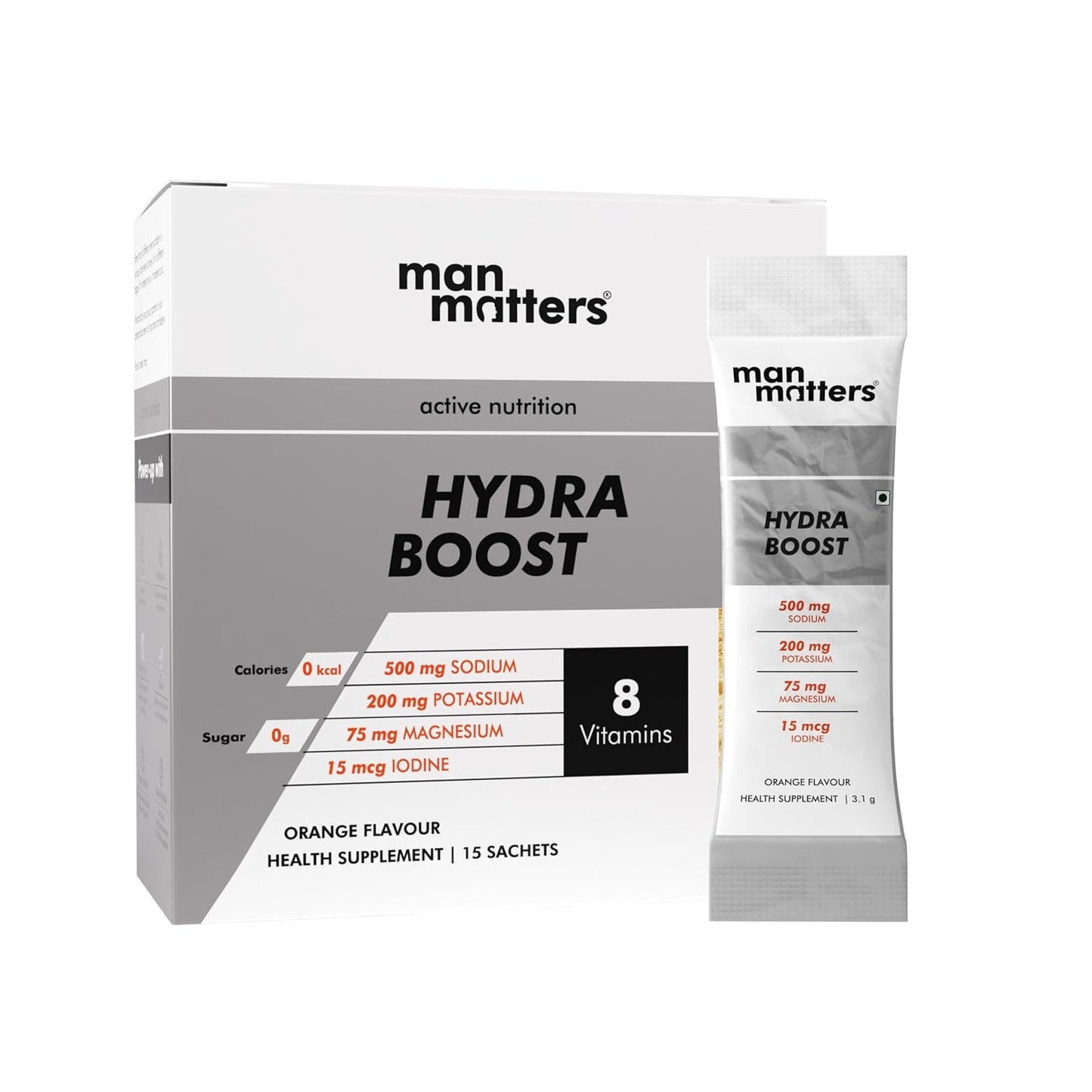 Man Matters Hydra Boost Electrolyte Powder | With 4 Electrolytes, 8 Vitamins & Iodine | No Added Sugar or Calories | Boosts Hydration, Fights Fatigue & Sharpens Focus | Orange Flavour | 15 Sachets
