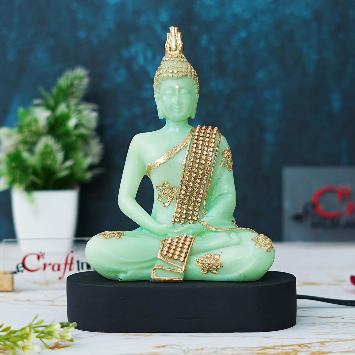 Green and Golden Resin Handcrafted Meditating Lord Buddha Statue | Serene Home Decor for Living Rooms, Meditation Spaces, and Offices | Spiritual Gift for Diwali, Housewarming
