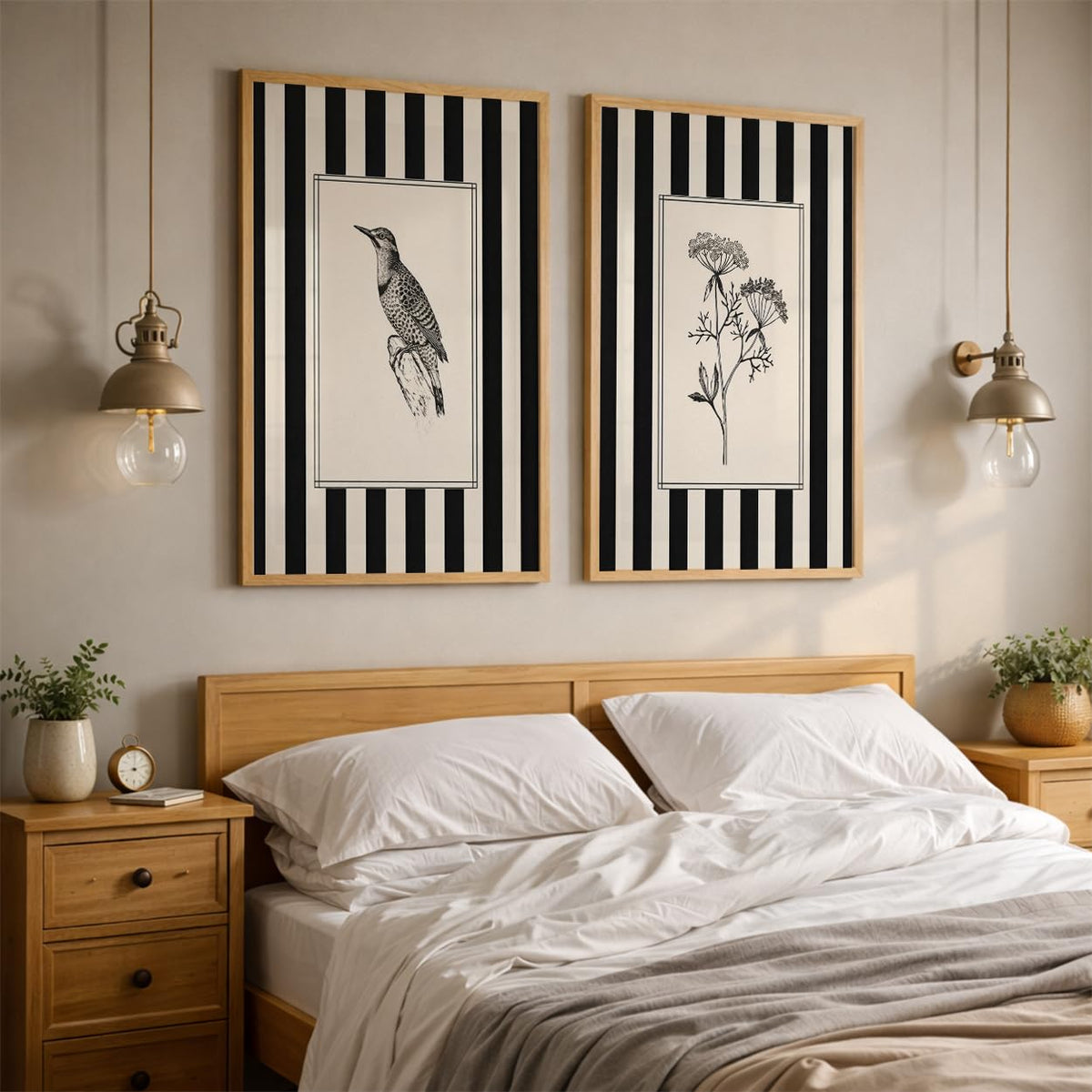 Set of 2 Wooden Framed Wall Paintings, 13x19 Inches, Black & White Botanical & Bird Illustration Art for Living Room, Bedroom, Office & Hall