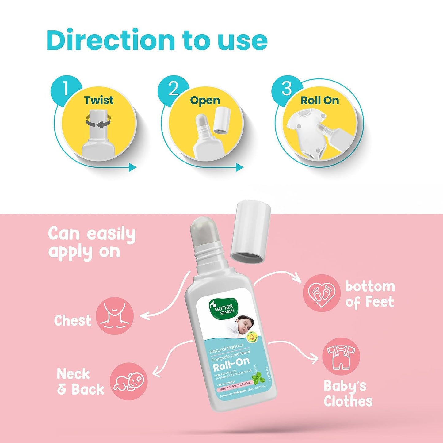 Mother Sparsh Natural Vapour Complete Cold Relief Roll-On for Babies-15ml | With Thymol Crystal, Eucalyptus Oil & Peppermint Oil for Cold & Cough | 100% Natural | Relieves Chest Congestion