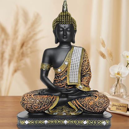 Global Grabbers new Limited Edition 25 Centimetre Meditating Sitting Buddha Idol Statue showpiece Home Decor Decoration Items for Living Room and Gifts (1, Orange Black)