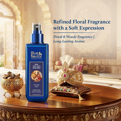 Blue Nectar Niraa Oudh Veera Attar Mist | Perfume Mist for Men & Women | Long-Lasting Oudh Attar with Rose & Saffron | Woody Body Mist Spray | Travel-Friendly (100 ml)