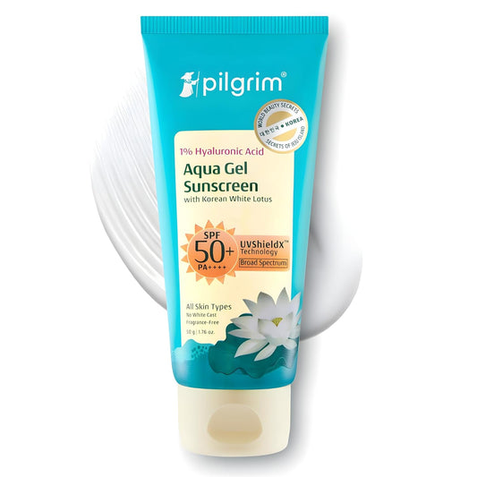 Pilgrim 1% Hyaluronic Acid Sunscreen Gel | Sunscreen SPF 50 +++ for men and women with Korean White Lotus | Broad spectrum, Non-greasy, No white cast & Prevents Tanning | All skin types | 50 gm
