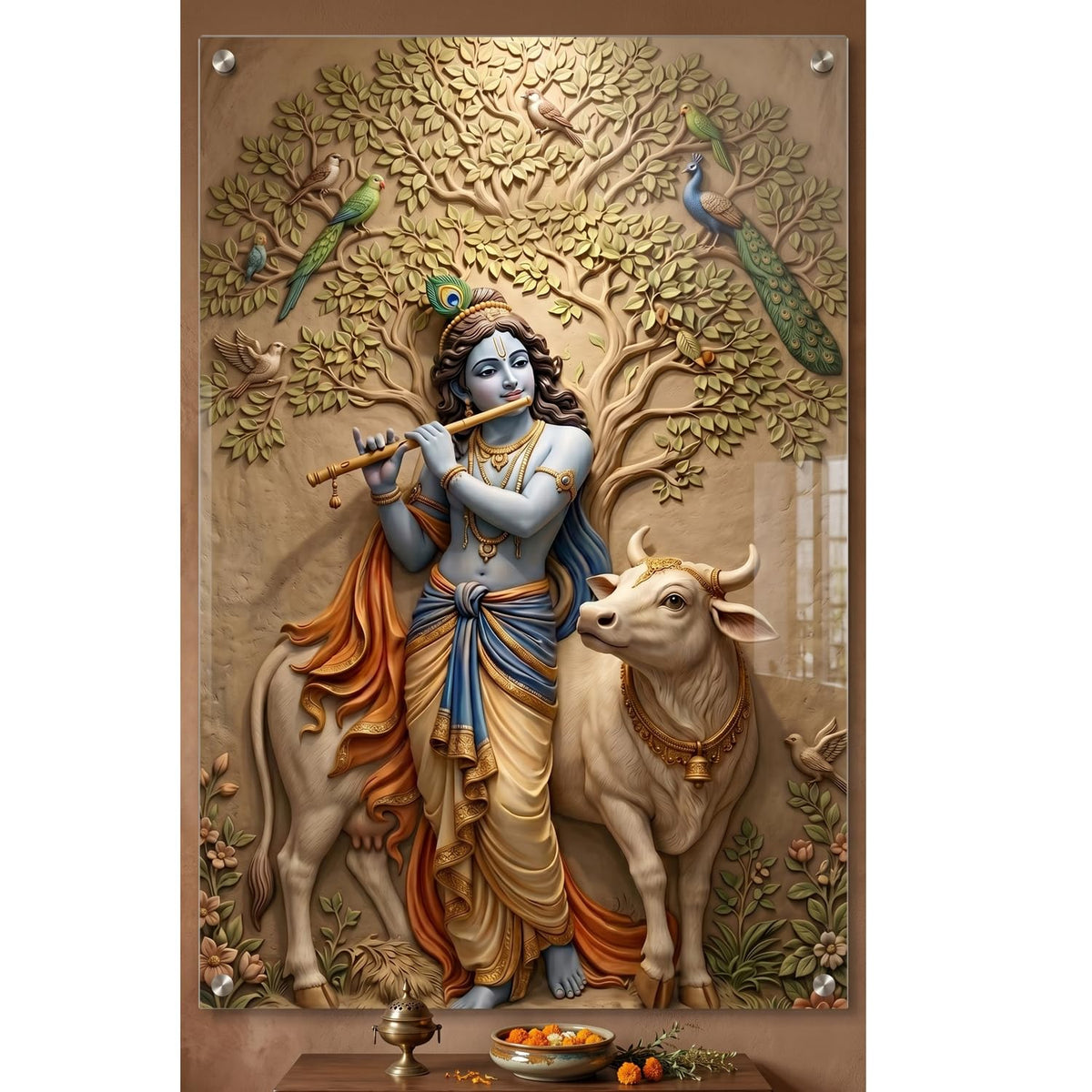 Krishna with Cow Acrylic Wall Painting for Living Room | 4MM Acrylic Glass Wall Decor | Vastu Krishna Canvas Art for Home Decoration, Bedroom, Office Wall Decoration | Spiritual Tree of Life Painting (12x23 inch)