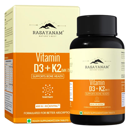 Rasayanam Vitamin D3 + K2 supplement bottle and packaging on a white background