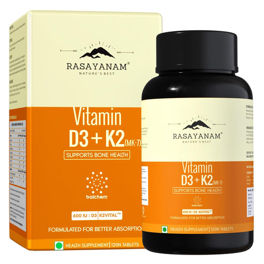 Rasayanam Vitamin D3 + K2 supplement bottle and packaging on a white background