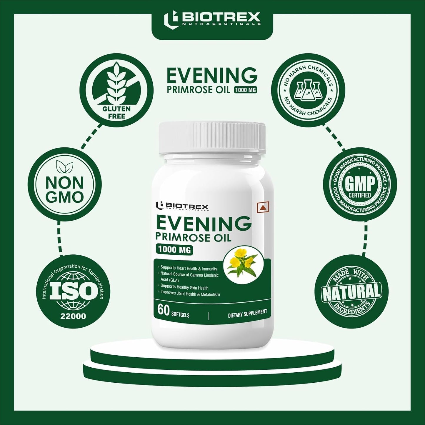 Biotrex Nutraceuticals Evening Primrose Oil 1000mg | Contains High GLA (10%) With Omega 6 & 9 | Supports Skin Health & Hormonal Balance | Women's Health | PMS & Menopause Comfort | Gluten Free & High Potency | 60 Softgels