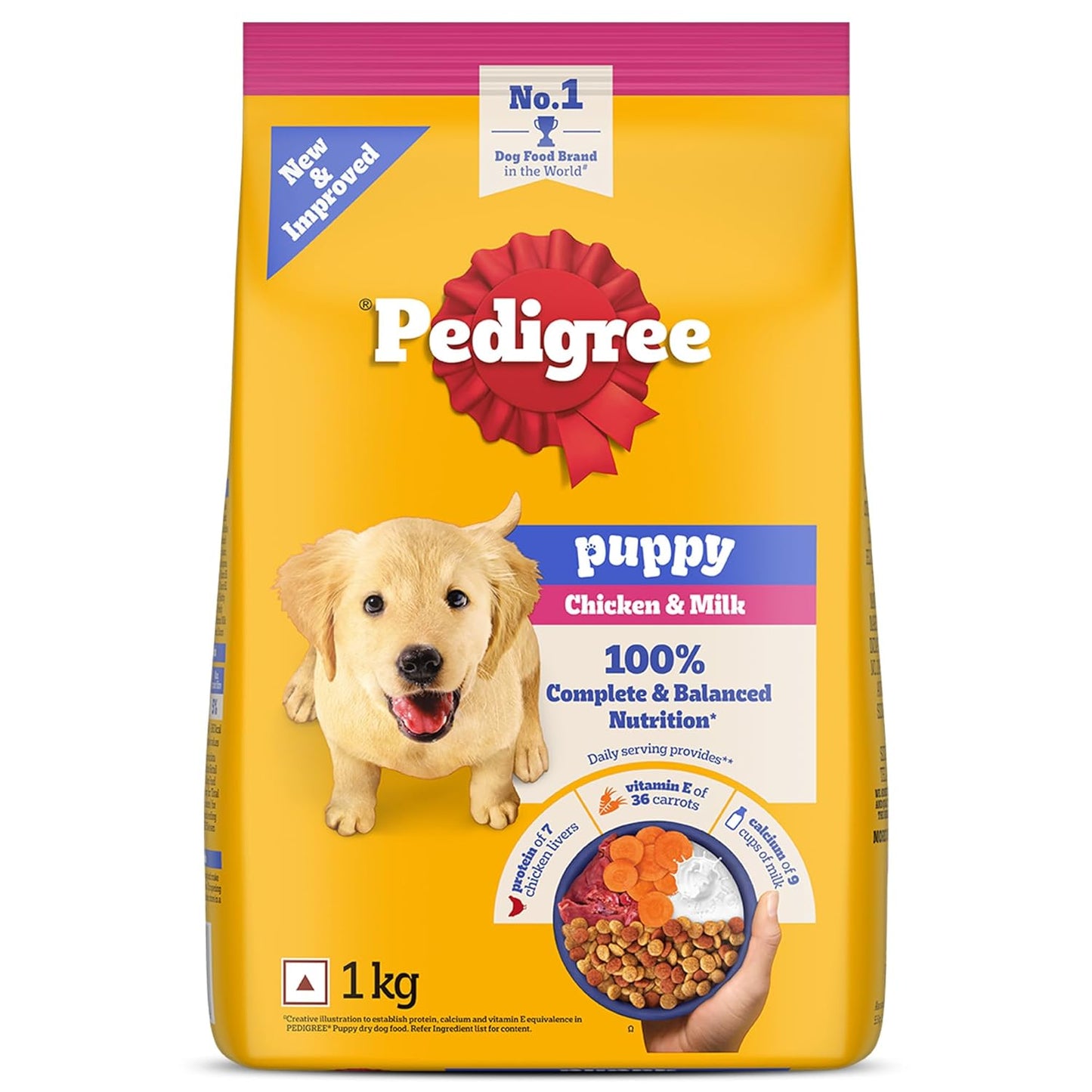 Pedigree Puppy Dry Dog Food, Chicken & Milk, 1 kg, Contains 37 Essential Nutrients, 100% Complete & Balanced Food for Puppies