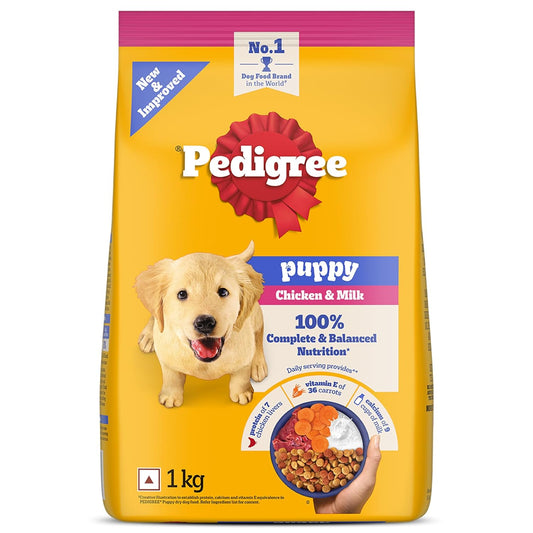 Pedigree Puppy Dry Dog Food, Chicken & Milk, 1 kg, Contains 37 Essential Nutrients, 100% Complete & Balanced Food for Puppies